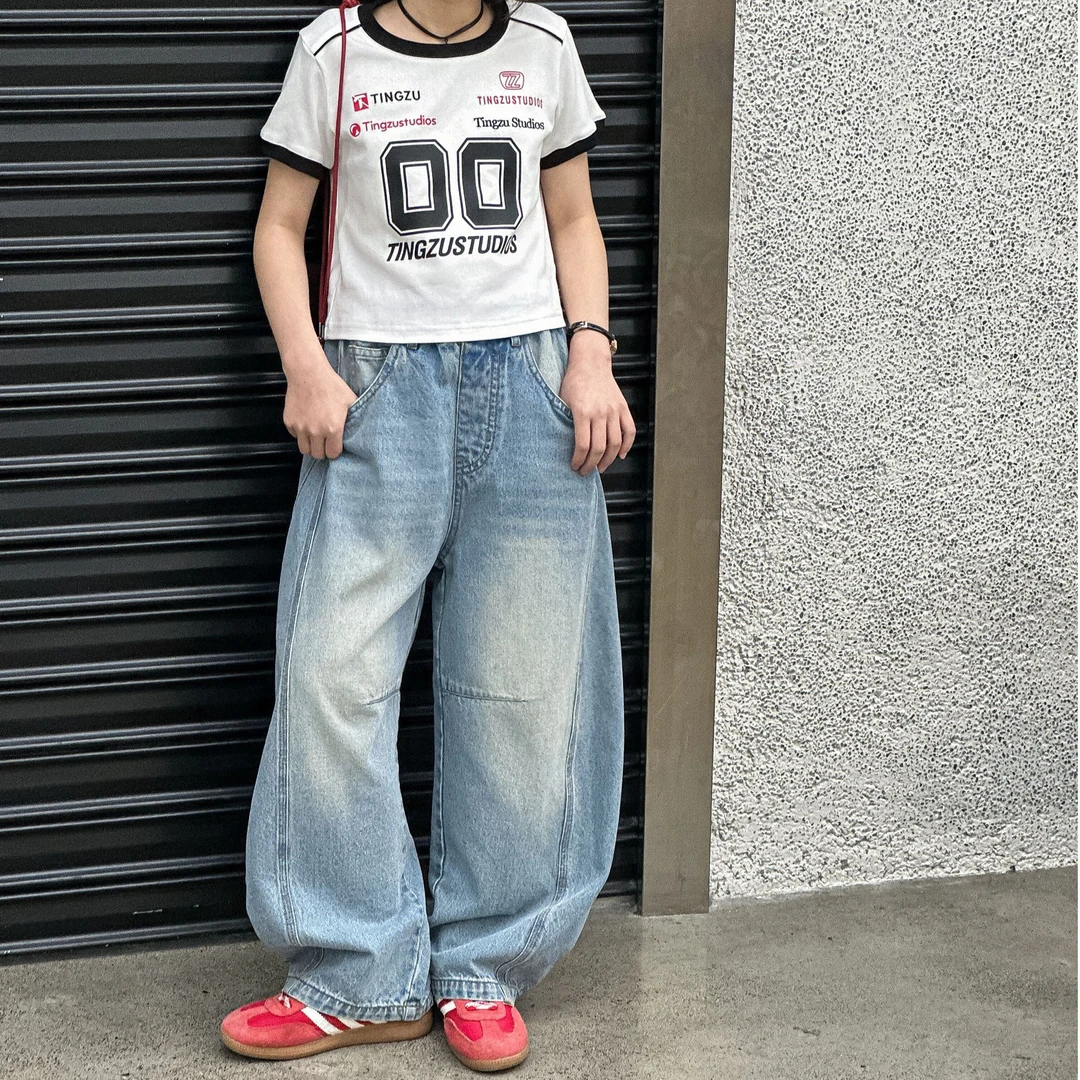 春秋新款洋气大气中大童裤中拉线设计直筒休闲宽松牛仔裤DLL218