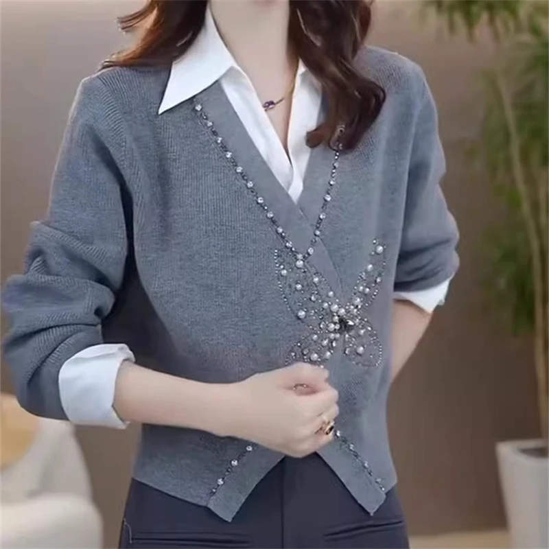 假两件灰色针织衫女春秋法式时尚拼接翻领显瘦别致钉珠打底毛上衣