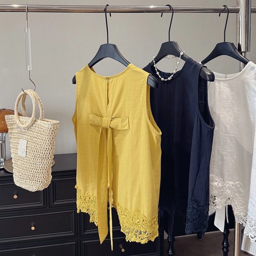 夏季新款减龄蝴蝶结蕾丝拼接无袖背心女通勤显瘦百搭坎肩上衣