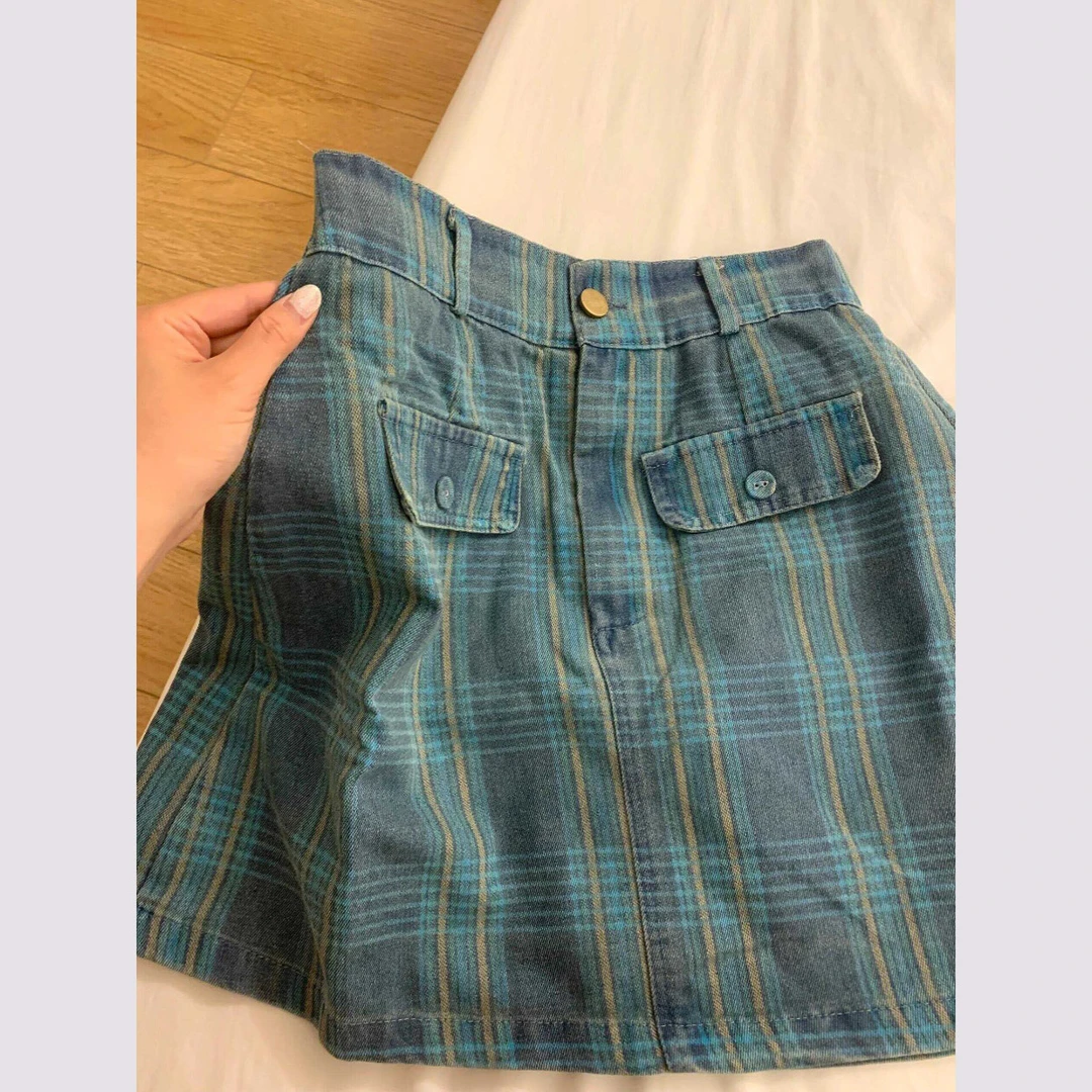 日系牛仔半身裙女夏季新款复古撞色条纹设计牛仔裙高个子高腰短裙