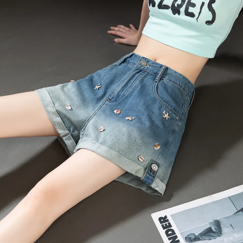 超美海盐蓝渐变撞色贝壳牛仔短裤女2025新款外穿夏薄款热裤三分裤