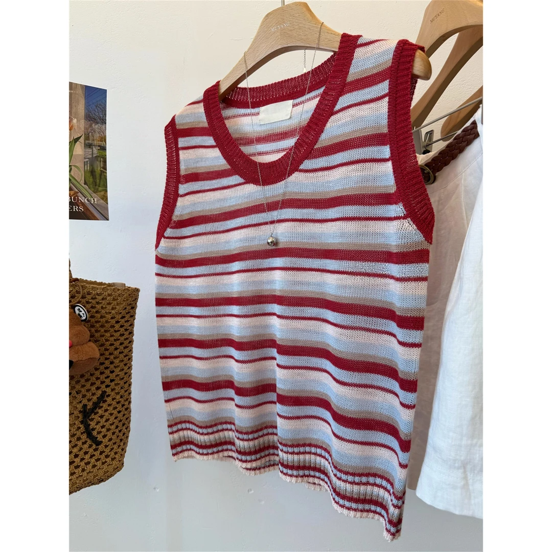 红色撞色条纹上衣女2025夏季正肩圆领针织衫无袖吊带工字外穿背心