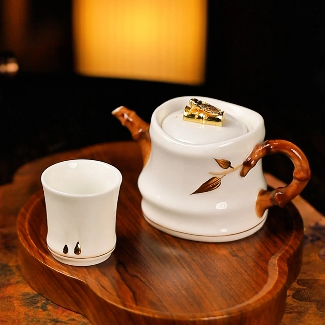 节节高羊脂玉描金竹节壶+2个主人杯礼盒装高档中式创意家用泡茶壶