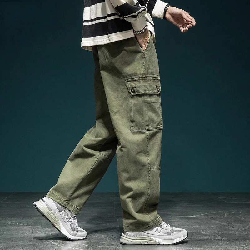 复古做旧水洗机能工装裤男直筒宽松大码新款军绿色潮牌休闲裤子男