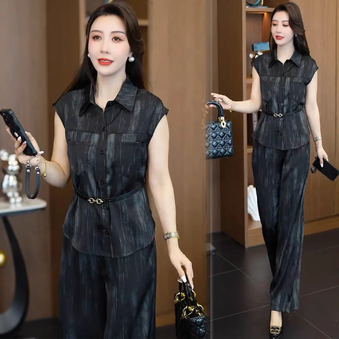 时尚套装女夏季新款洋气收腰显瘦翻领无袖衬衫高腰阔腿裤两件套潮