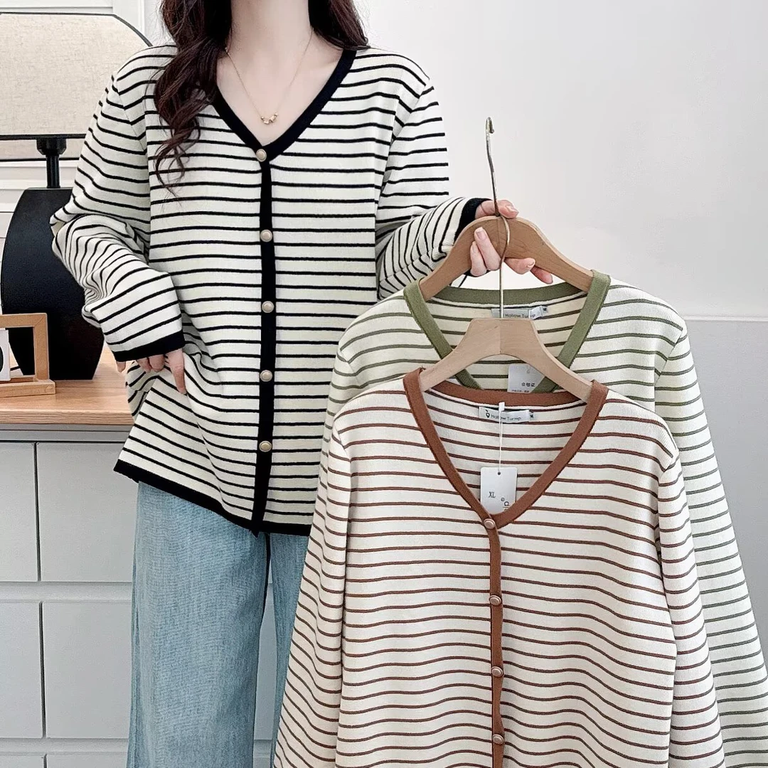 毛针织衫V领条纹宽松型大码女装长袖拼接休闲时尚显瘦上衣宽松