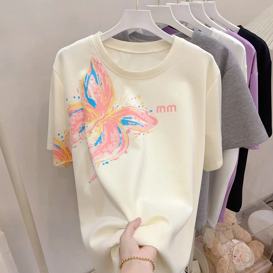 胖胖家*新款彩色蝴蝶圆领高级感洋气百搭减龄半袖