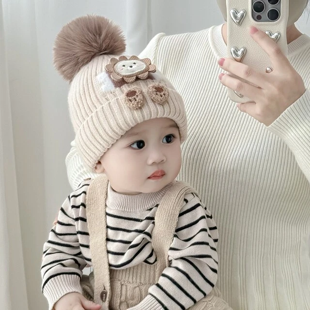 婴儿帽子秋冬款宝宝可爱卡通狮子毛球帽针织保暖冬季男女童毛线帽
