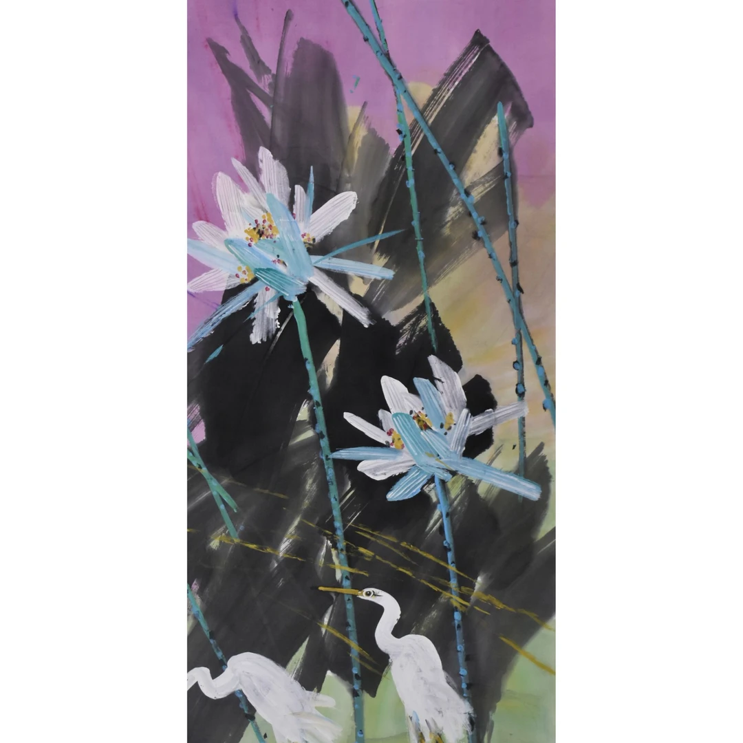 HM7019 黄老 荷花小鸟 137×69cm 纸本立轴