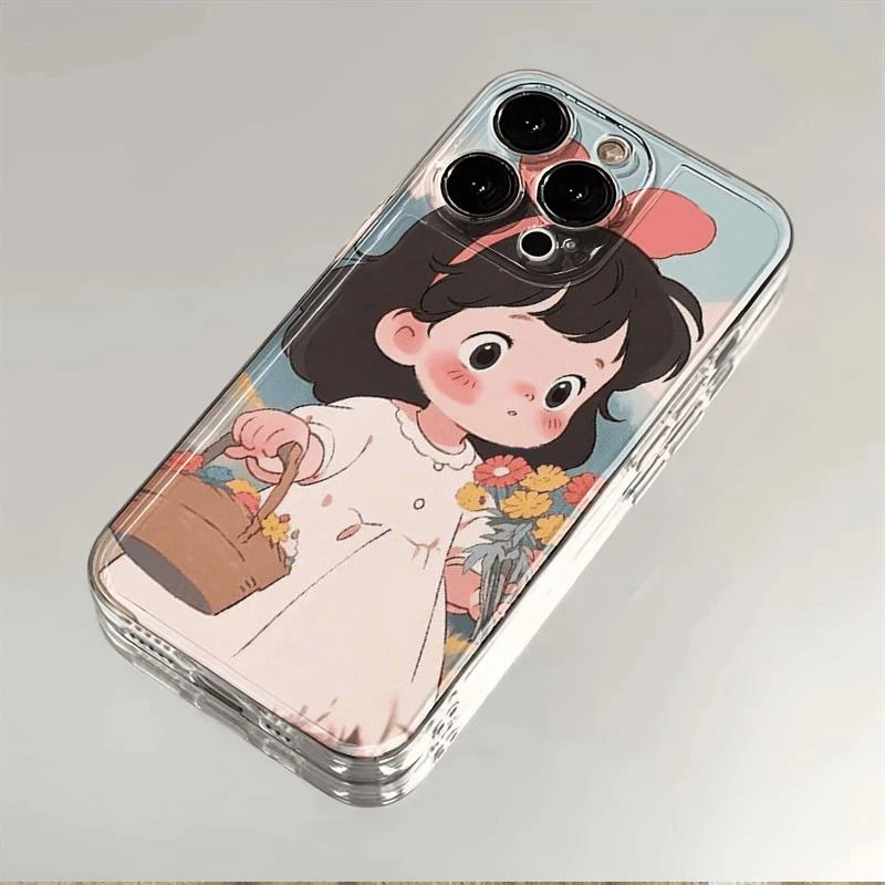 采花女孩插画iphone15苹果卡通手机壳14promax软胶13pro透明12/11