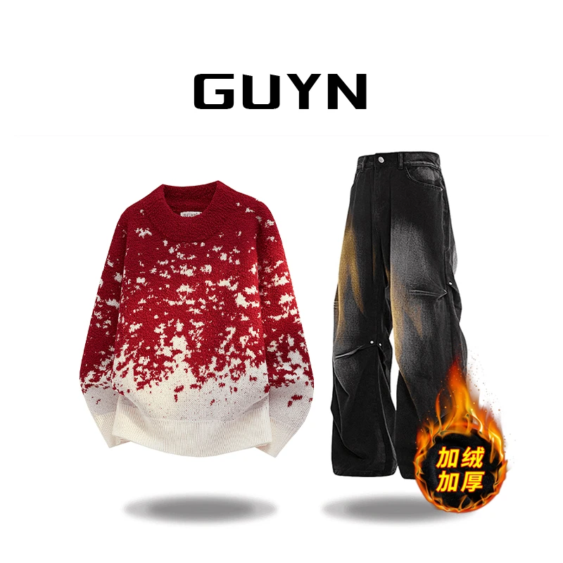 【品牌正品现货】GUYN圆领休闲保暖针织衫男士美式扎染渐变针织毛衣