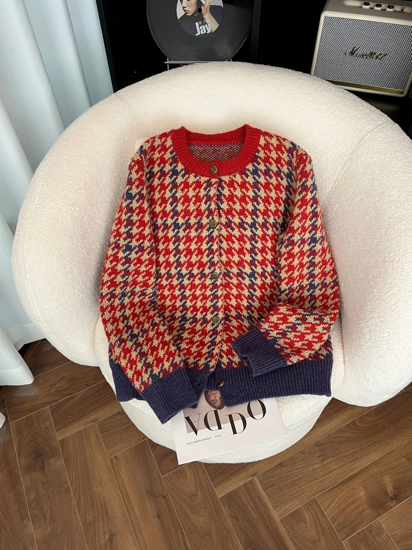 KAISIO春秋时尚撞色千鸟格百搭慵懒风针织开衫毛衣2412154