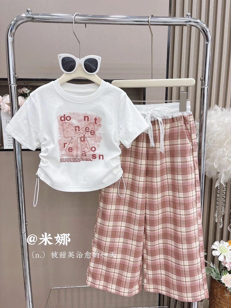 2025夏季新款女童套装6009韩系蝴蝶结系带短袖格子阔腿裤两件套