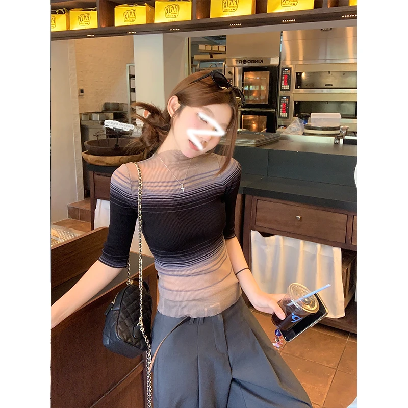 运补6-8复古港风透视网纱针织夏季纯欲辣妹修身上衣女