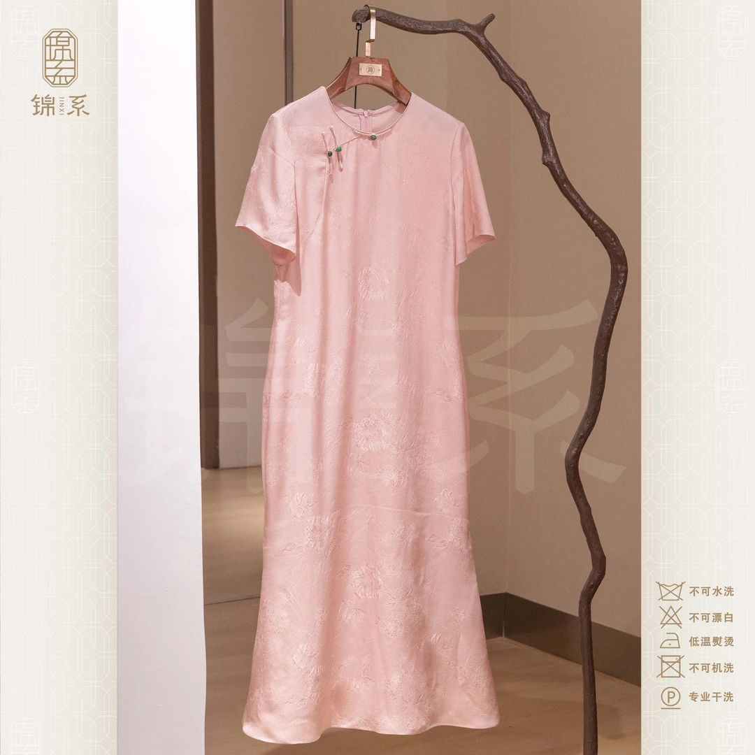 【锦系】真丝花罗新中式国风桑蚕丝圆领斜襟短袖连衣裙L-383068