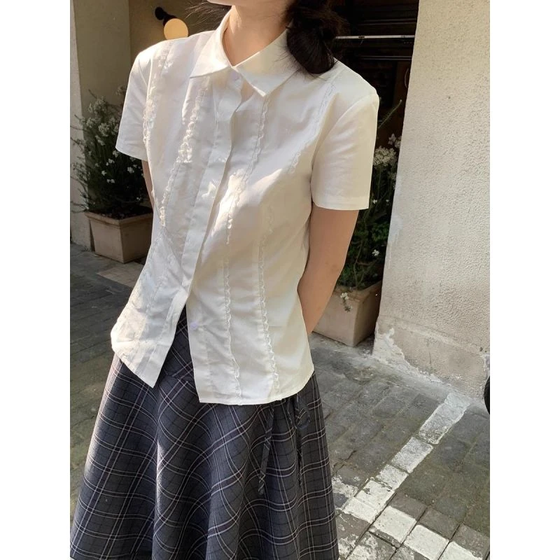 学院白色蕾丝花边短袖衬衫设计夏季新款收腰修身甜美显瘦衬衣上衣