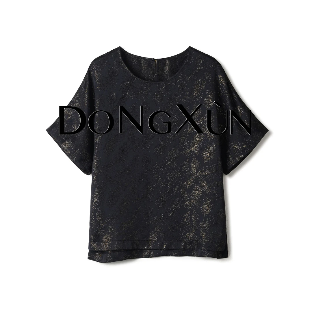 【黑凤梨】满分桑蚕丝真丝织金国风高贵显瘦圆领短袖上衣DX25AS073