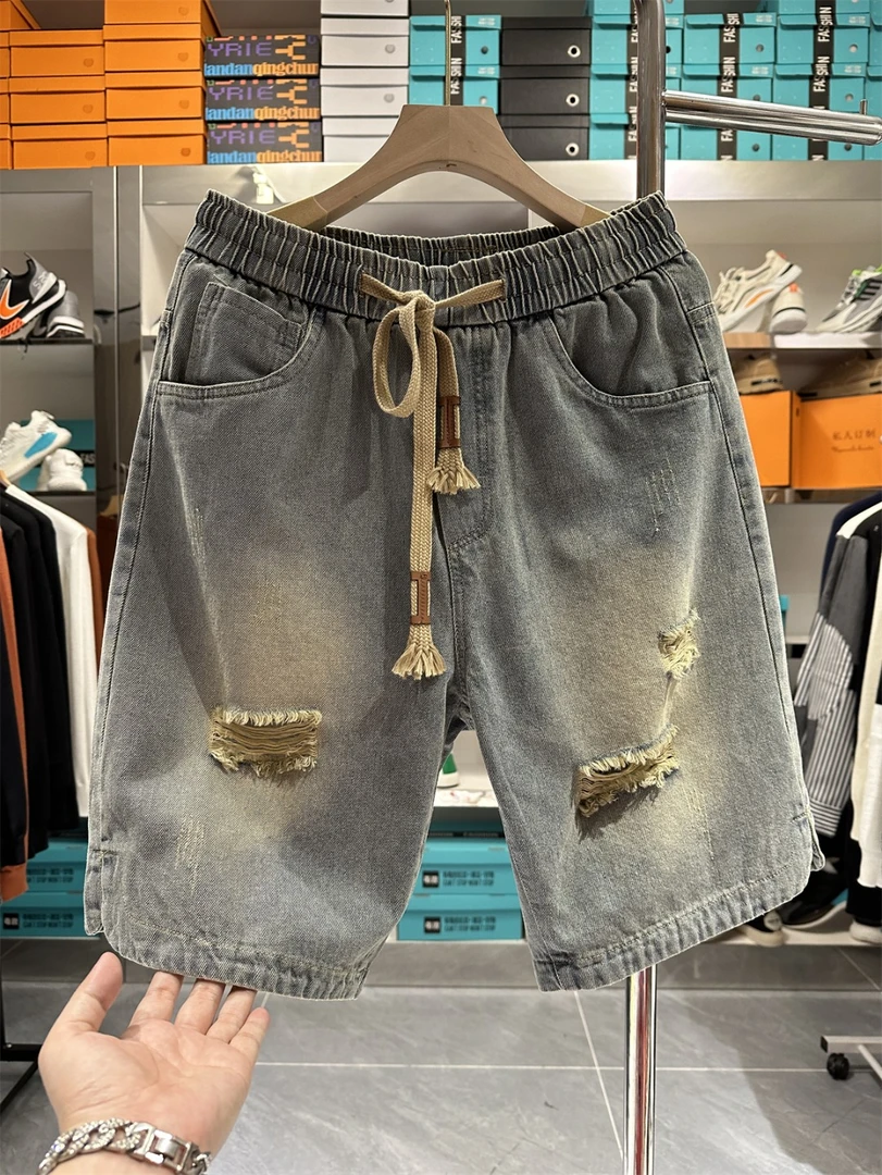 美式高街破洞牛仔短裤男宽松直筒水洗做旧潮流百搭运动休闲五分裤