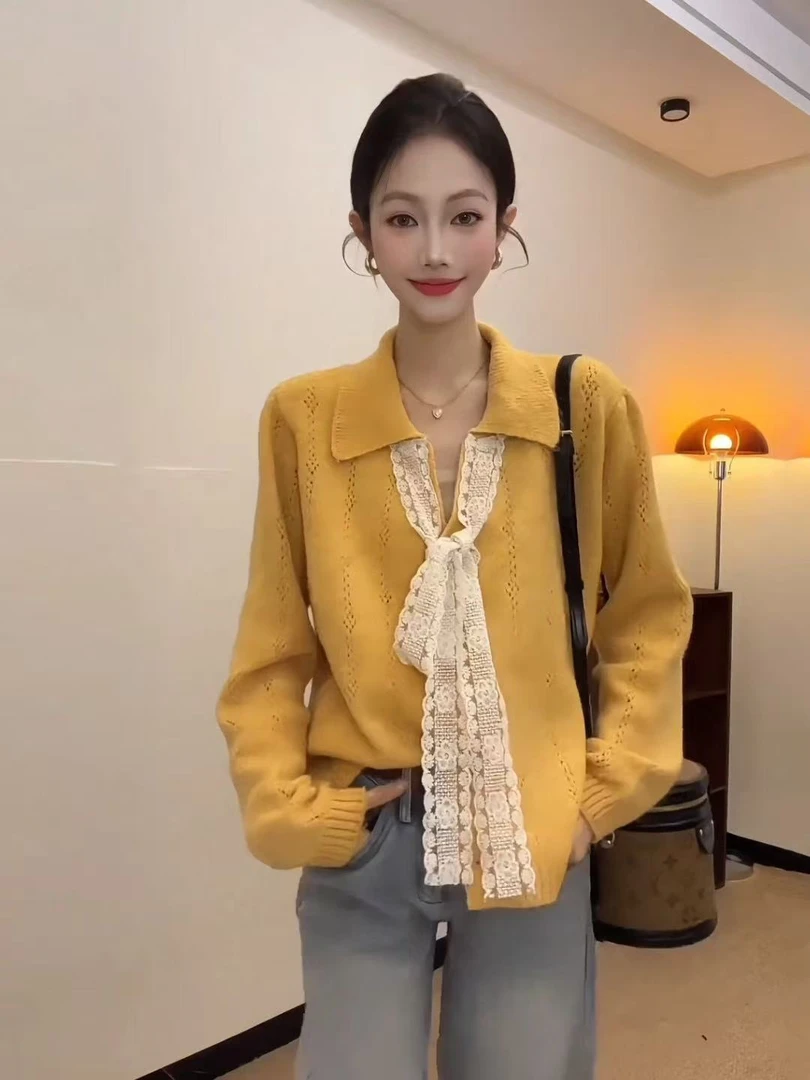 大码胖mm设计感系带蝴蝶结V领针织衫女秋季宽松显瘦毛衣开衫外套