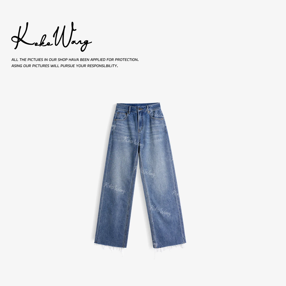 KOKO WANG秋季时尚气质毛边复古水洗显瘦百搭牛仔裤N5455F27K01