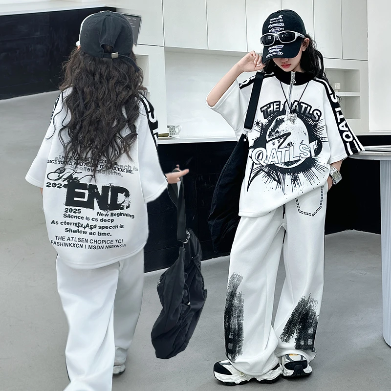 女童套装夏装潮酷3-15岁高级感短袖卫衣夏季上衣女大童裤子两件套