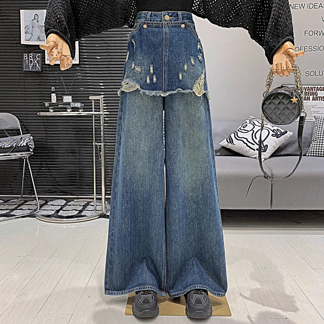 韩系高级宽松慵懒风水洗高腰假两件设计感百搭小众时髦牛仔阔腿裤