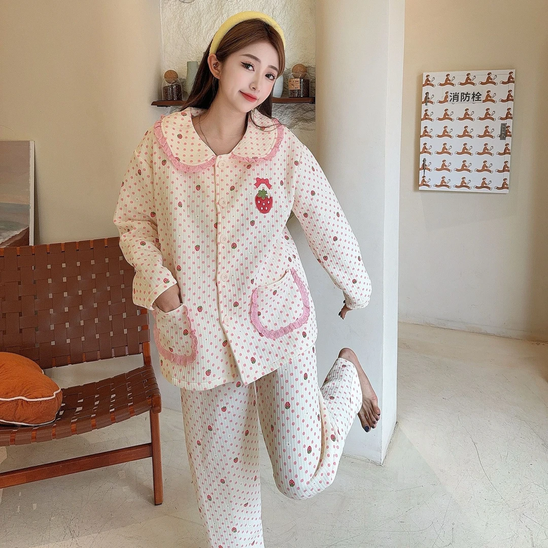 加厚保暖娃娃领花边草莓空气层睡衣2025秋冬季长袖长裤家居服套装