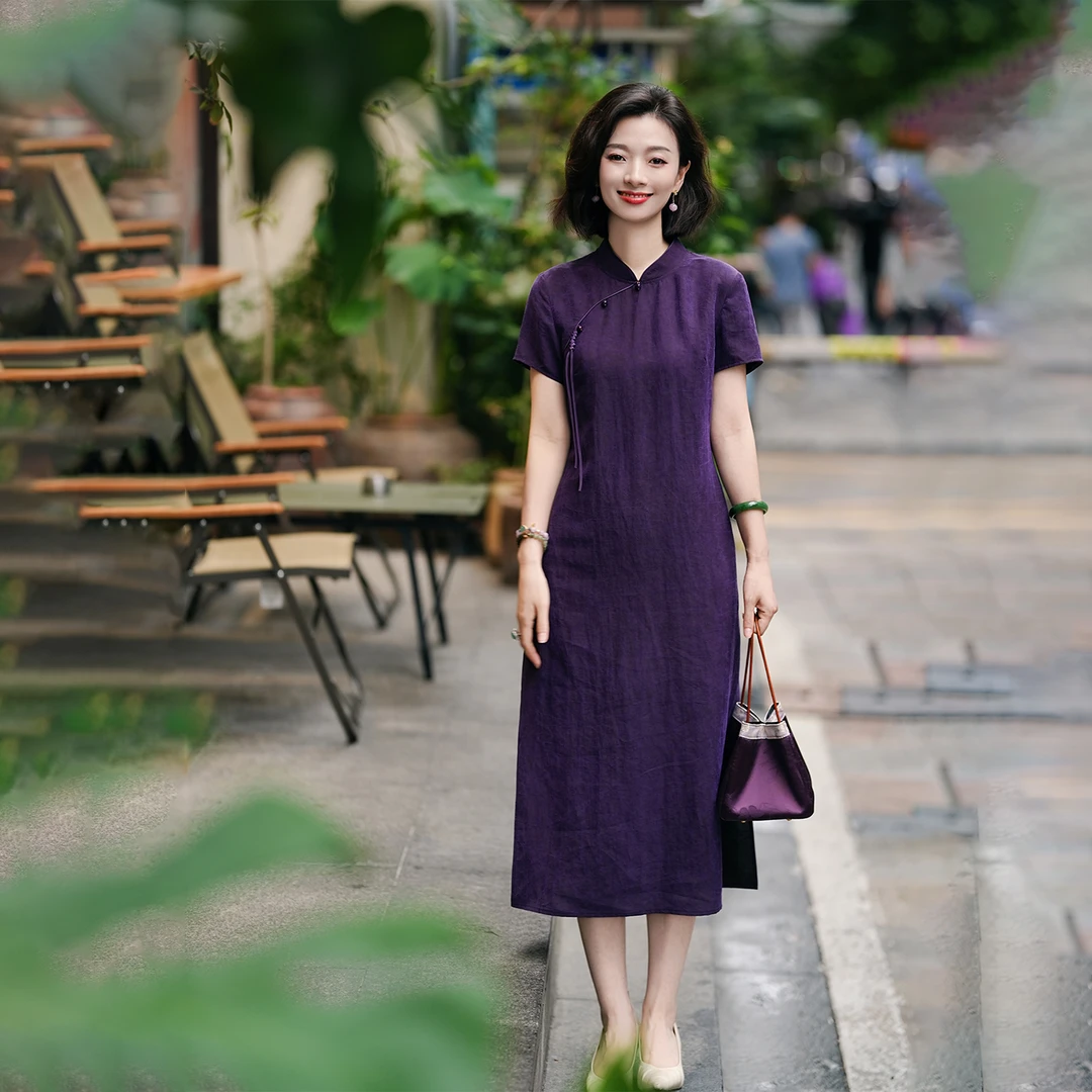 西子/【芸香意】非遗香云纱重磅桑蚕丝立领盘扣新中式旗袍/QPTJ215