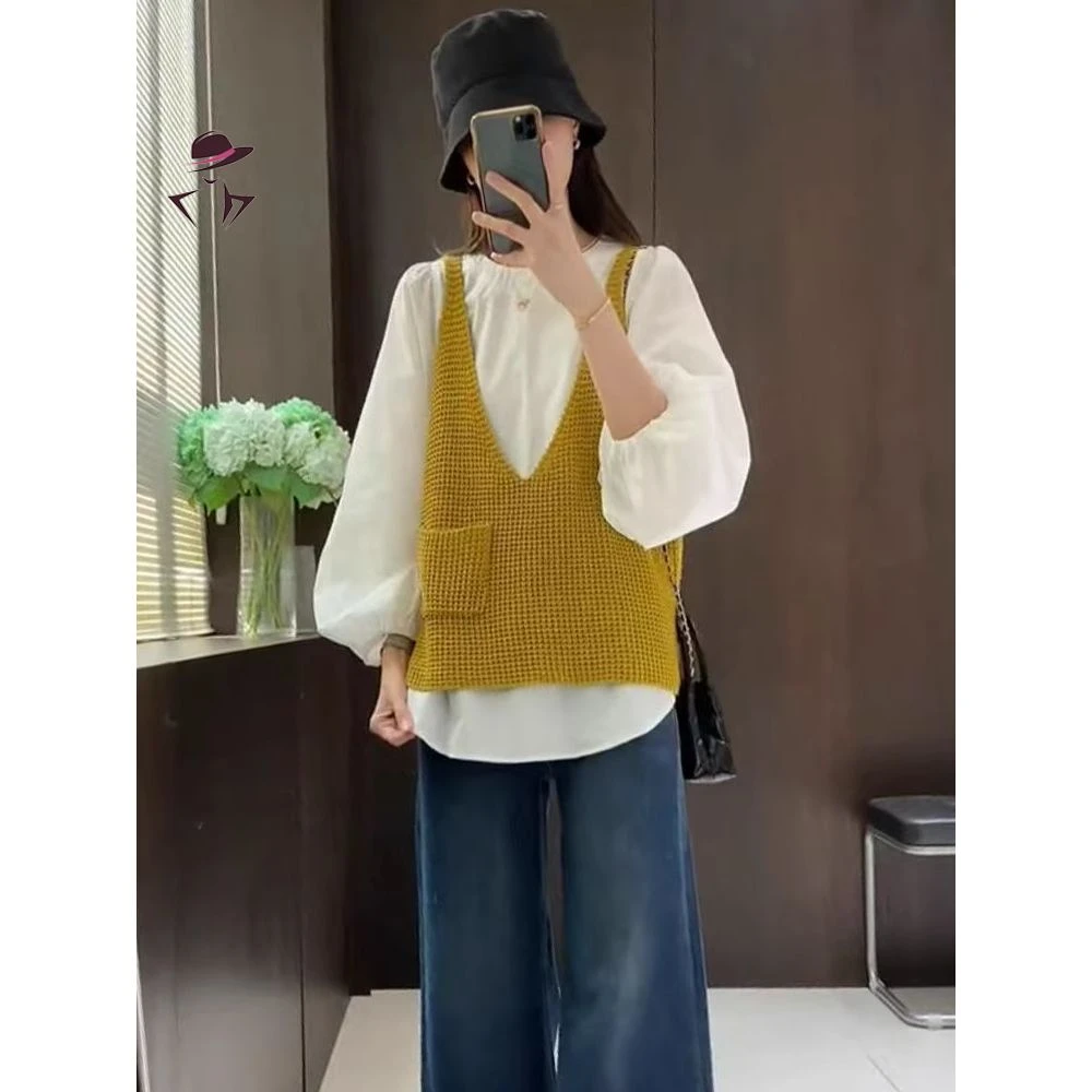 异径慵懒风针织背心马甲+衬衫两件套女2025秋季新款宽松百搭叠穿