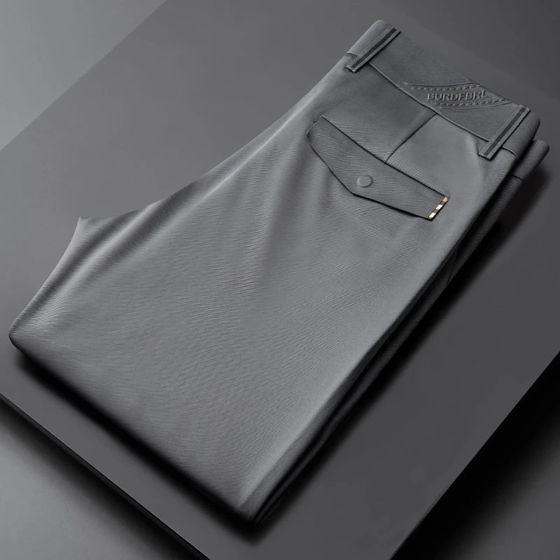 桑蚕丝混纺西裤男士高端夏季薄款修身直筒弹力垂感冰丝商务休闲裤