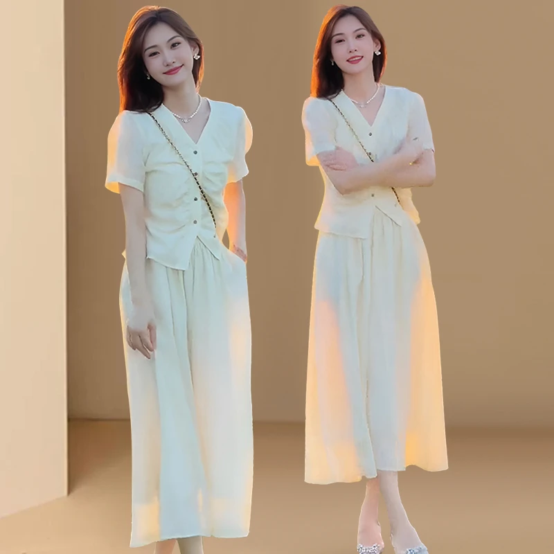 夏装搭配一整套女2025新款茶系法式收腰显瘦V领上衣半身裙两件套