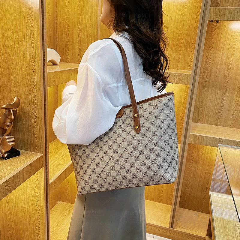 简约欧美风印花单肩包韩版通勤托特包时尚百搭女士包格子潮流包