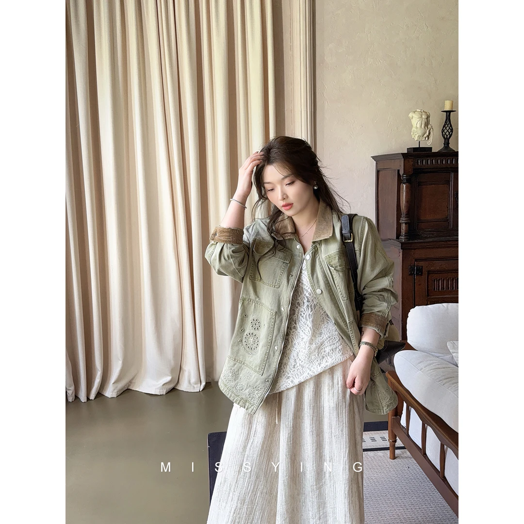 应小姐【绿野迷踪】微胖大码秋款显瘦时尚设计感小众休闲牛仔外套