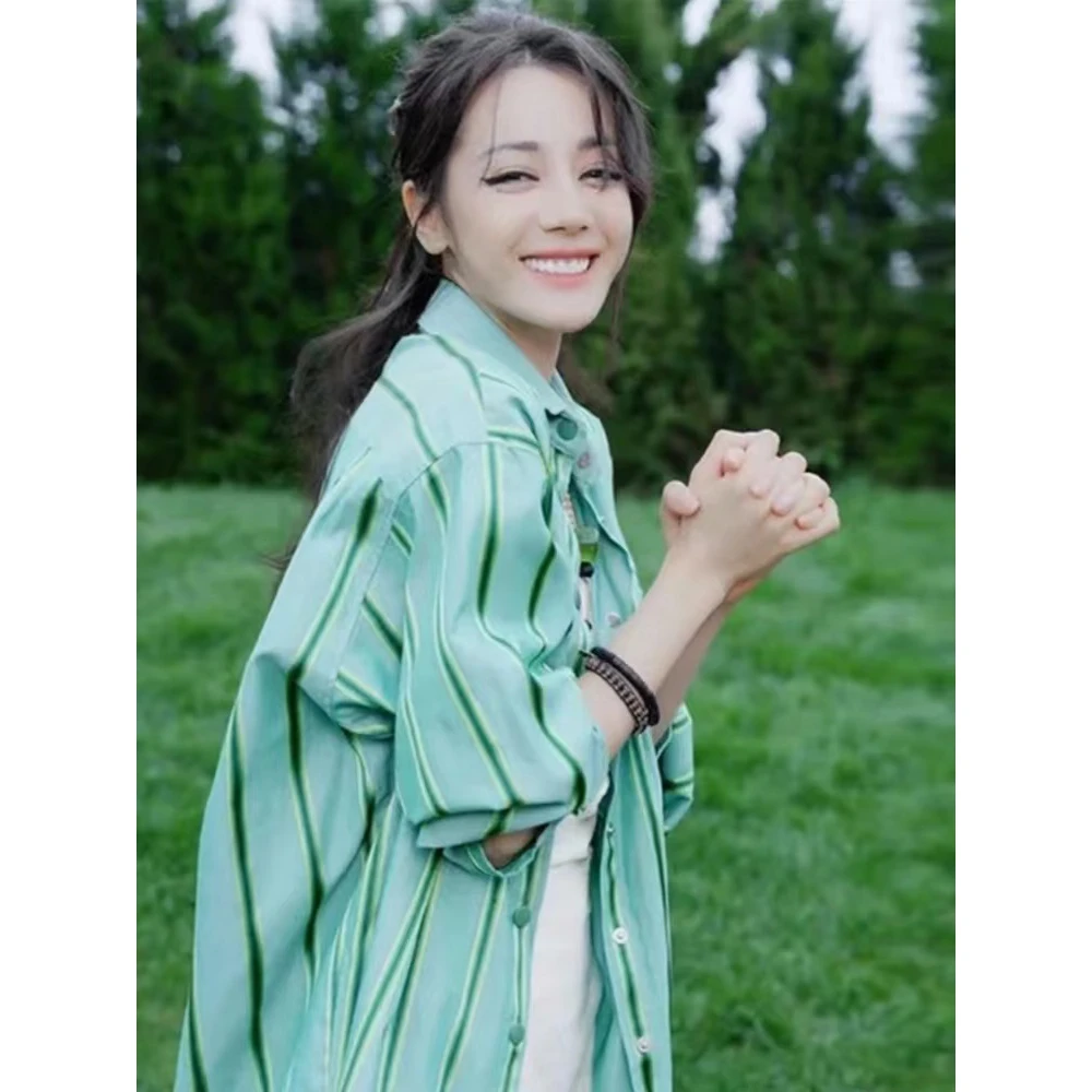 迪丽热巴同款撞色条纹长袖衬衫女薄款宽松慵懒风防晒上衣外套休闲