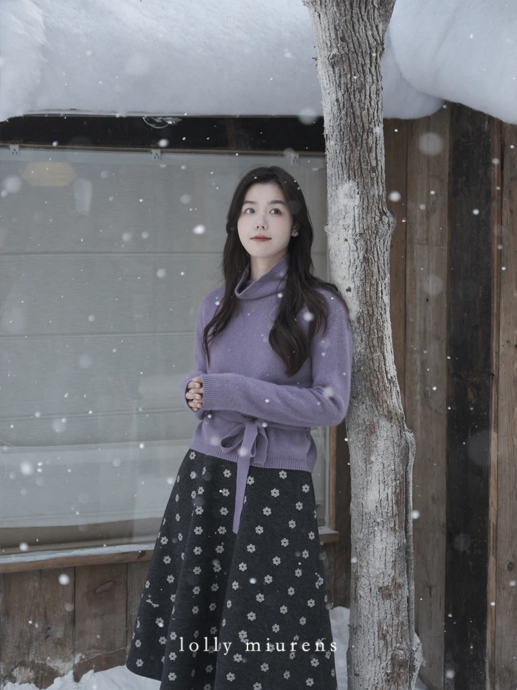 缪恩诗冬季新品Winter x「紫雨～」气质长袖针织推推领毛衣带腰带