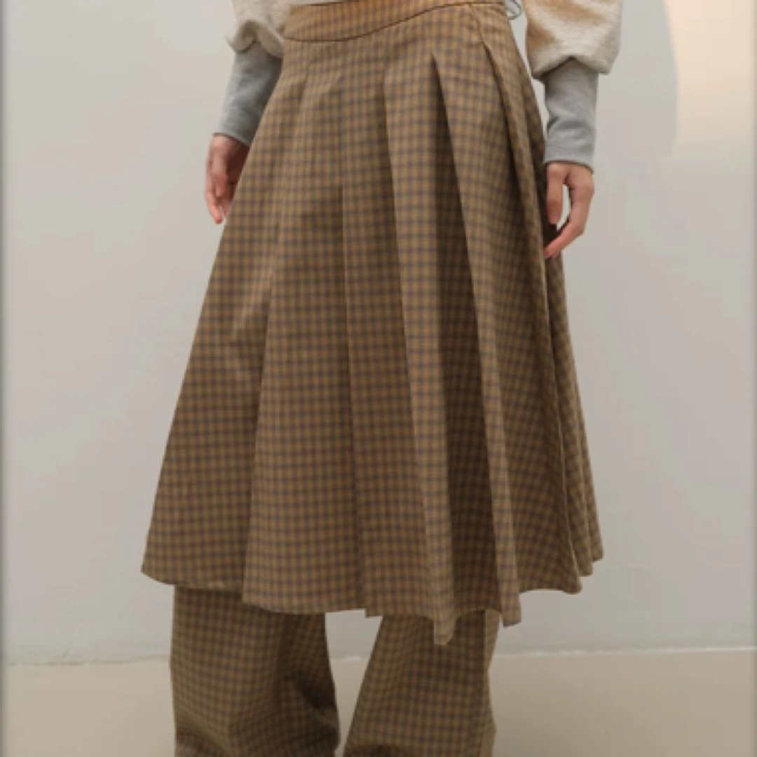 lvetong 原创设计春季复古格纹低腰叠穿假两件百褶裙阔腿休闲裤女