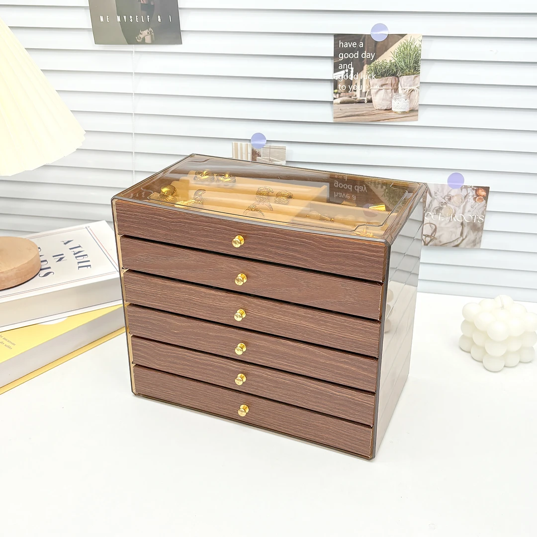 透茶胡桃木纹六层收纳盒精致绒布盒六层首饰盒抽屉式防尘珠宝盒