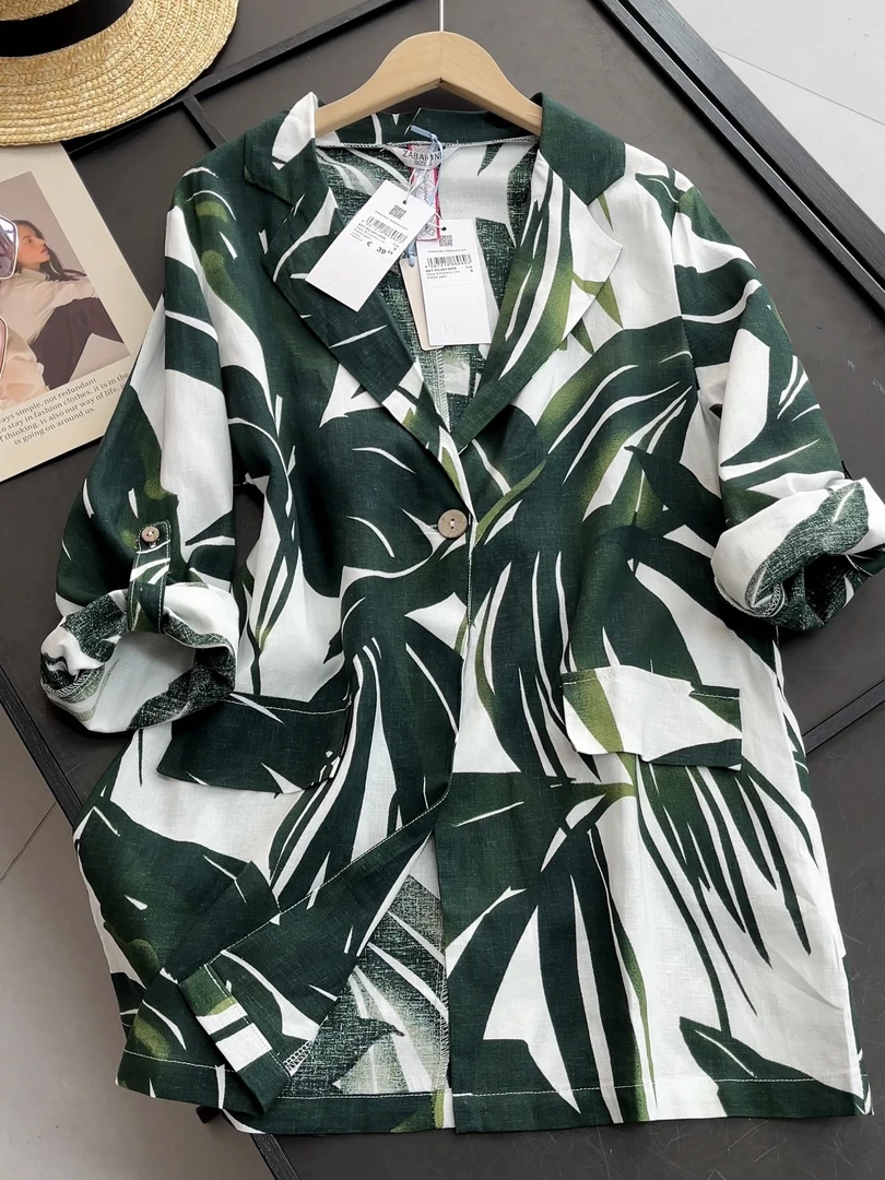 2025春秋新款宽松百搭度假风休闲设计感外套舒适印花麻西装