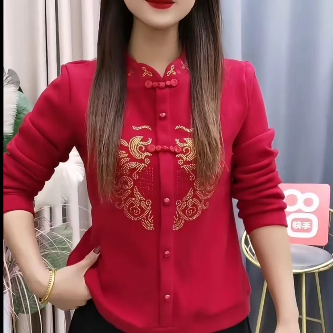 2025新年贺年款国风女秋冬小衫打底保暖加绒冬季中式洋气妈妈上衣