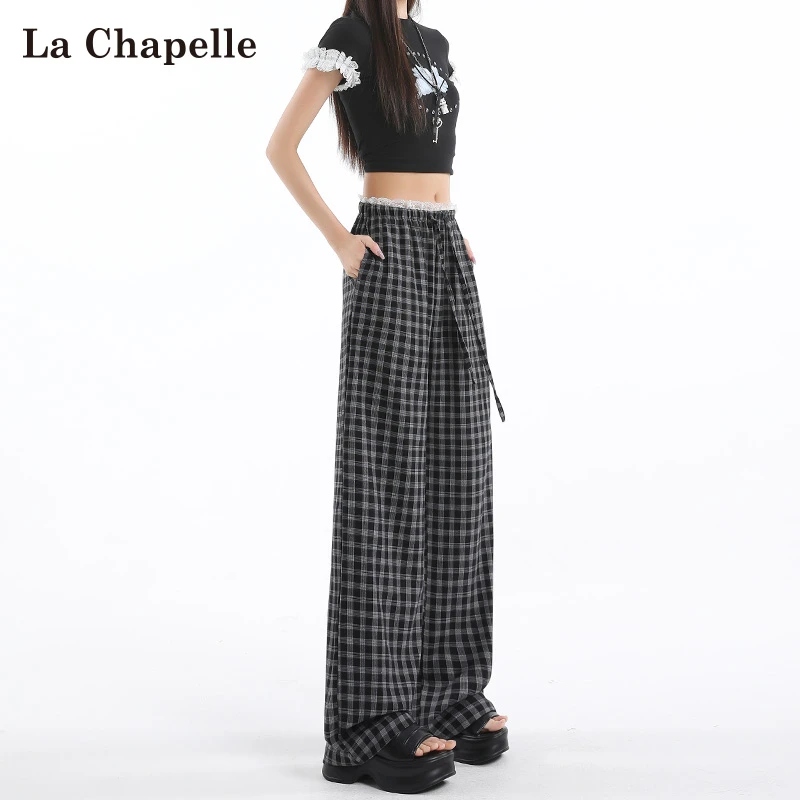 拉夏贝尔蕾丝边格子休闲裤女夏季新款高腰垂感加长直筒阔腿长裤子