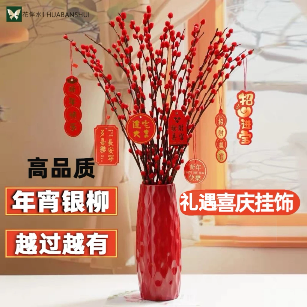 【花伴水】带盆30支银柳约60厘米年宵花鲜枝干花摆件年宵花新年喜庆