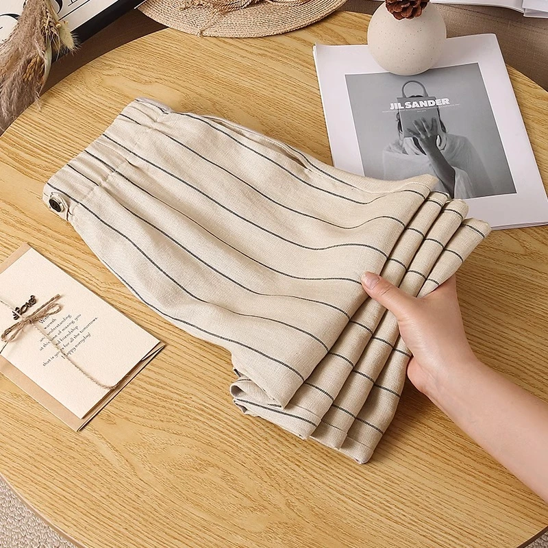 亚麻裤女2025新款休闲裤慵懒松弛感裤子夏季薄款条纹裤直筒阔腿裤