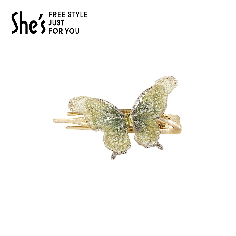 shes莫奈印象轻奢原创刺绣蝴蝶鸭嘴捏夹盘发侧夹发饰头饰