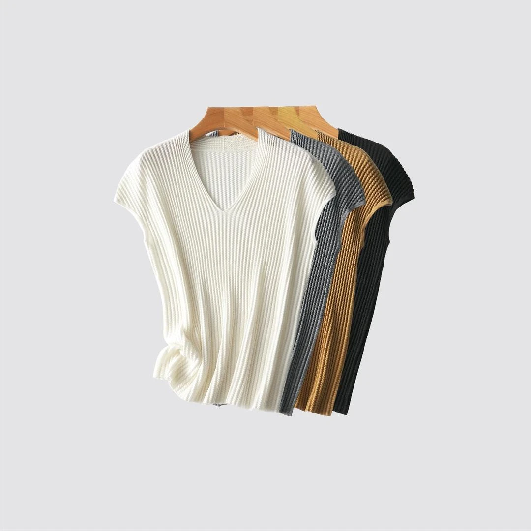 韩版纯色v领冰丝针织衫肌理设计感2025夏季女上衣修身显瘦短袖t恤