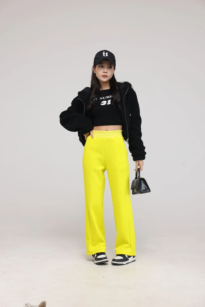 加绒黄色高腰显瘦阔腿卫裤窄版休闲直筒裤