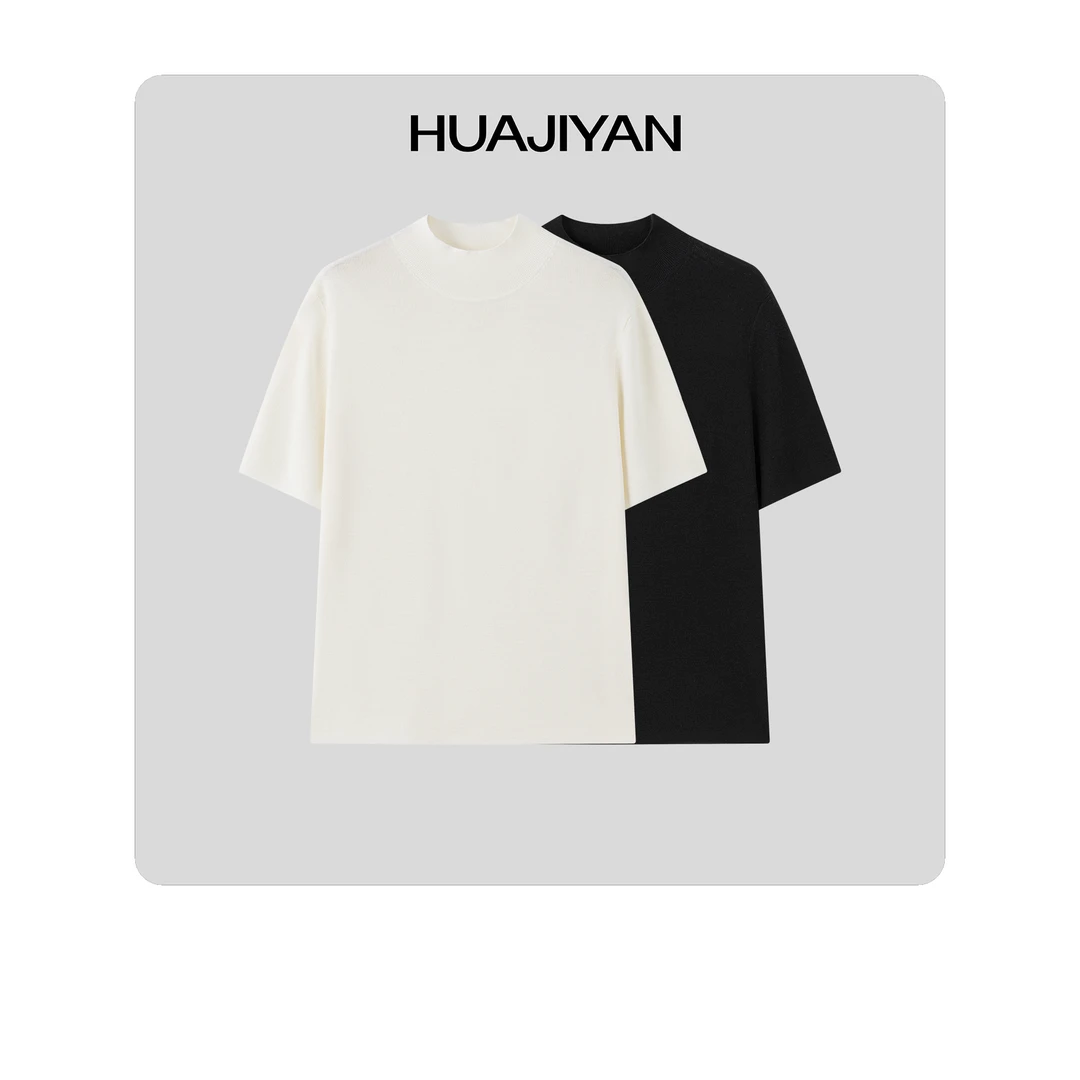 华吉言/HUAJIYAN【星轨】超细绵羊毛混纺简约高级感半高领短袖上衣