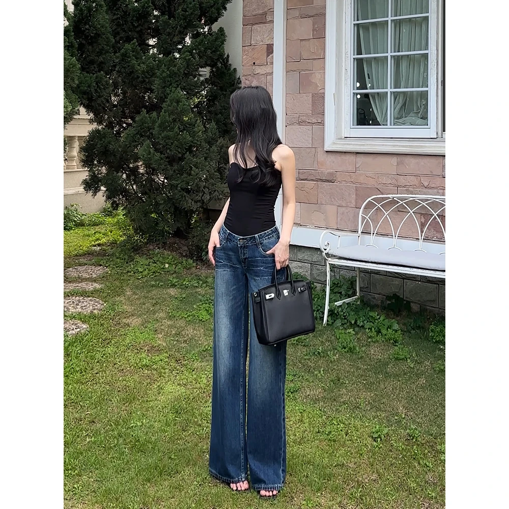 【挚爱私服】2025夏季窄版直筒蓝色阔腿裤设计感中低腰无弹牛仔裤女