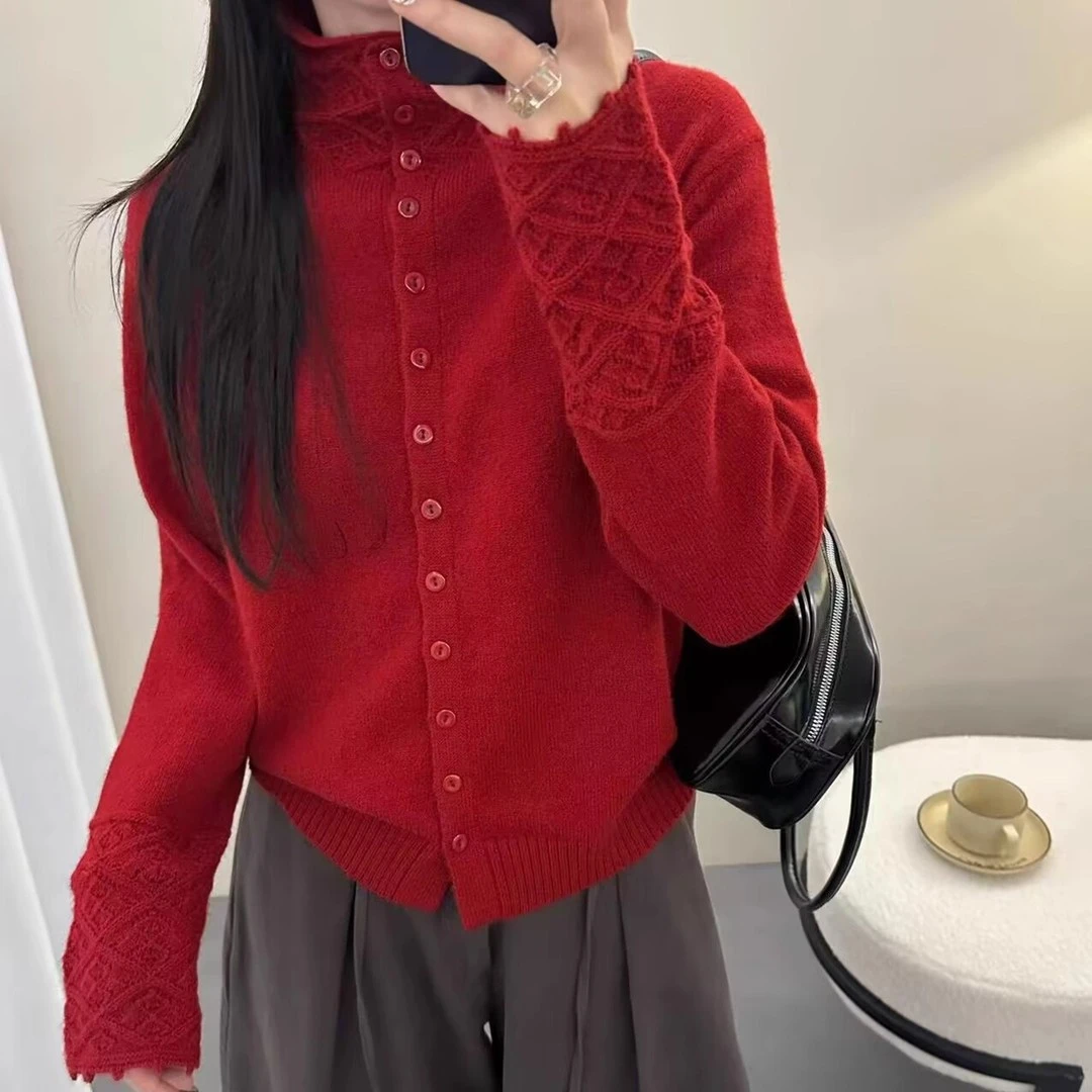 3440镂空钩花秋冬季女时尚开衫毛衣上衣针织衫纯色外套软糯潮