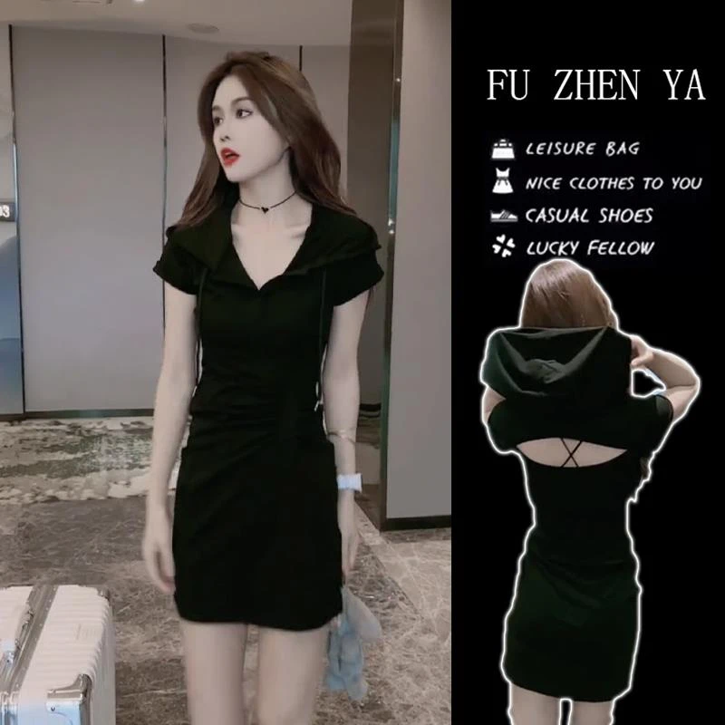 【JRXR女装】夏季时尚新款休闲设计感百搭连帽露背修身短袖包臀连