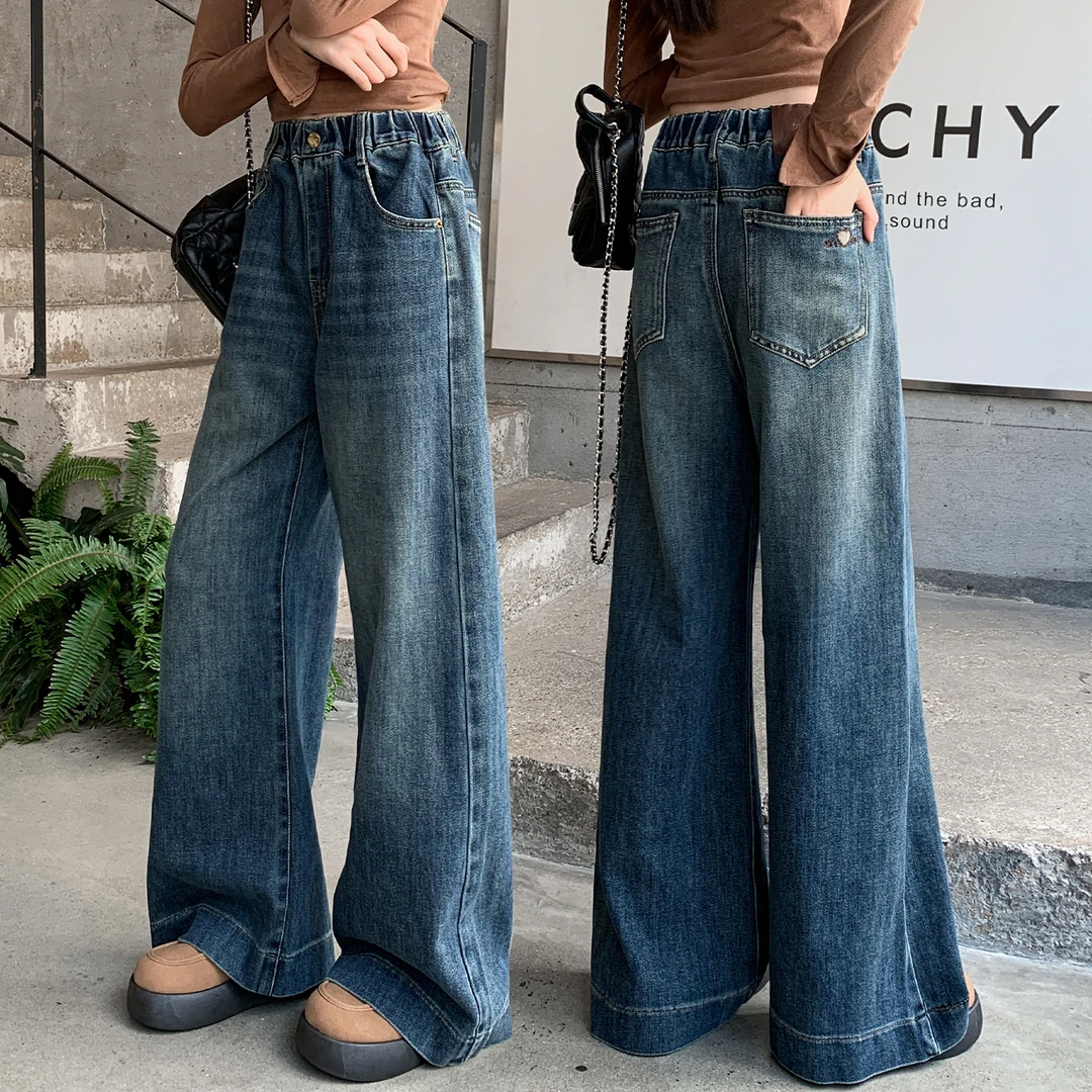 女童裤子春秋初中生牛仔裤女大童阔腿裤2025新款秋装儿童休闲长裤